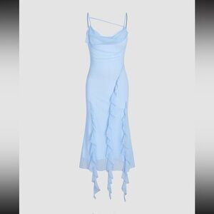 Cider MESH RUFFLE HEM RUCHED MIDI DRESS in Blue Size L (US 8) 💙💎🦋